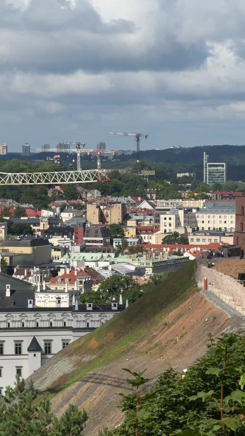 Vertical Panoramic View Across Vilnius Rooftops and Skyline Stock Footage 341397533