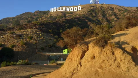 Vertical Panoramic View of Hollywood Sign and Tower Against Blue Sky Stock Footage 295602780