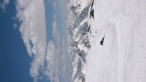 Vertical panoramic view Mount Elbrus to snow-covered ridge Caucasus Mountains Video stock 169034750