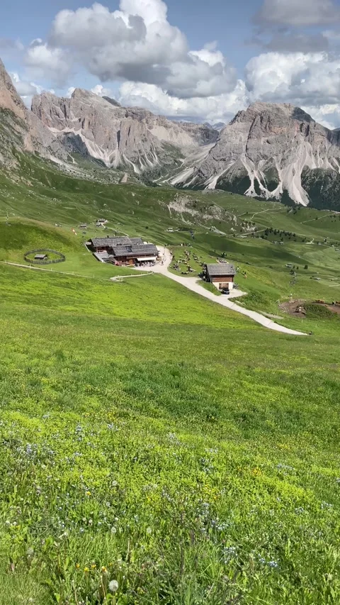 Vertical panoramic view of mountain Seceda with green meadows 動画素材 284463554