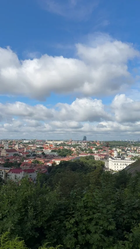 Vertical Panoramic View Over Vilnius Old Town and Green Parks Stock Footage 341397579