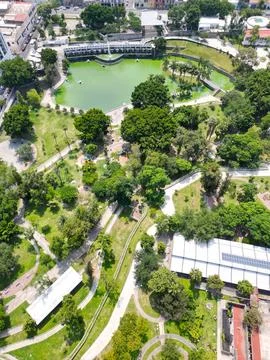 Vertical Panoramic View: Parque Alcalde, Guadalajara - Trees and Lake Stock Photos