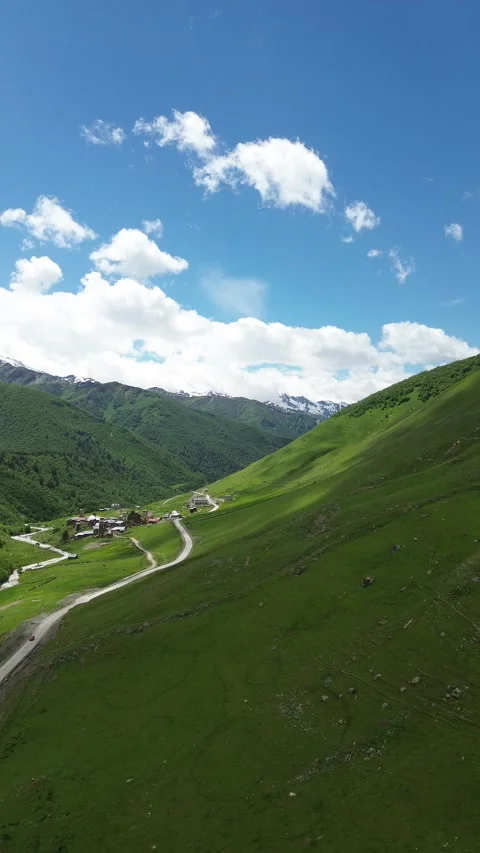 Vertical Panoramic View of Ushguli Valley, Upper Svaneti, Georgia Stock Footage 339354059