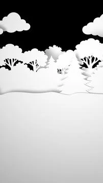 Vertical paper cut forest background with layered trees, hills and clouds in Illustrazione stock