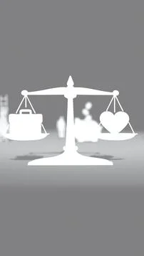 Vertical papercut balance scale comparing work and family, featuring a briefcase Illustrazione stock