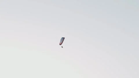 Vertical paraglider canopy carrying paramotor pilot gliding across soft gradient Vidéo 331159151