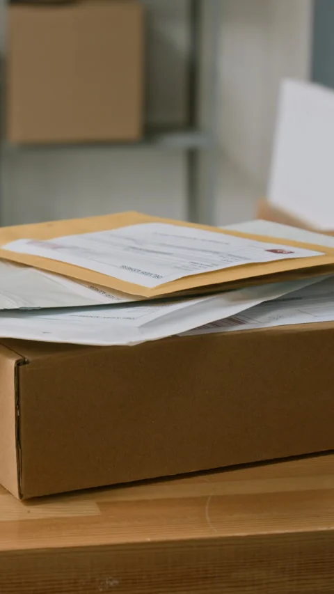 Vertical of Parcel and Envelopes on Counter at Courier Delivery Company Stock Footage 321489104