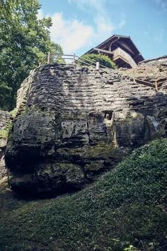 Vertical of park stone wall structure on stone cliffs 写真素材