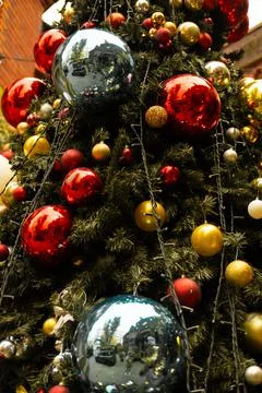 Vertical partial view of a decorated Christmas tree Stock Photos