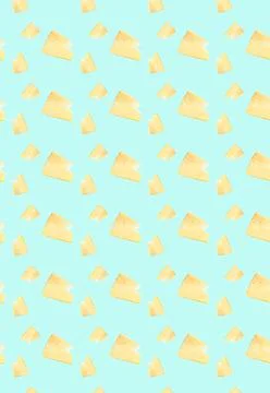 Vertical pattern with cut pieces of cheese on a blue background. Grocery back Stock Photos