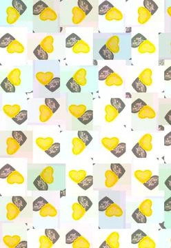 Vertical pattern with gray and yellow hearts on a white background. Stock Photos