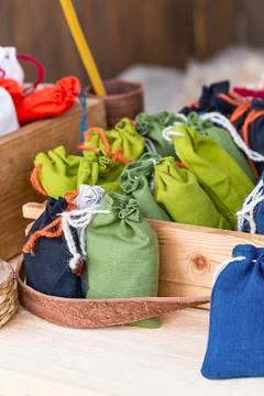 Vertical pattern green cotton mini bag herbalist set counter Stock Photos