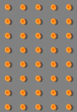 Vertical pattern of sliced raw carrots on a gray background. Vegetable templa Stock Photos