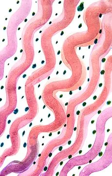 Vertical pattern with wave shape lines and dots, cute abstract watercolor dra Stock Illustration