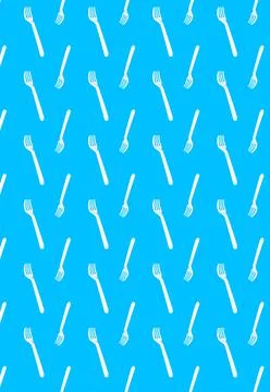 Vertical pattern with white disposable forks on a blue background. Stock Photos