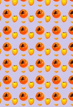 Vertical pattern with whole and sliced persimmons on a lilac background. Frui Stock Photos