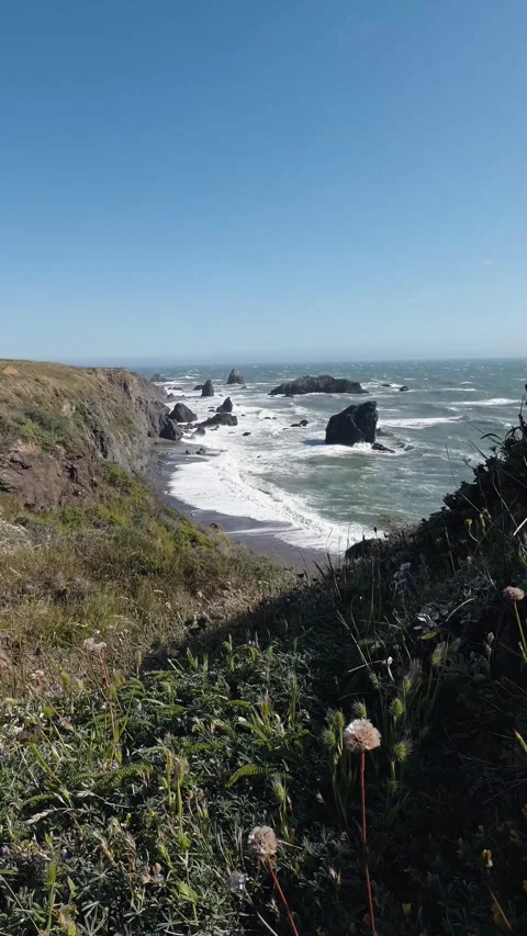 Vertical perspective of waves crashing on rocky California coastline Vídeos de archivo 340001290