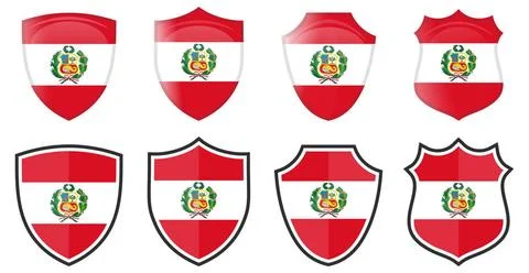Vertical Peru flag in shield shape, four 3d and simple versions. Peruvian ... Stock Photos
