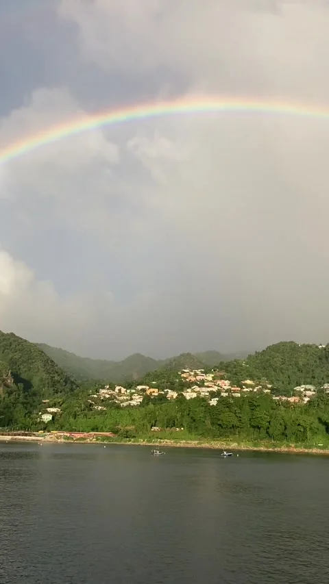 Vertical phone footage of a complete rainbow over a tropical island as seen 库存影片 334030460