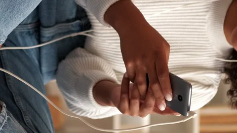 Vertical phone texting internet surfing woman app Stock Footage 255262313