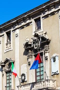 Vertical photo capturing front side facade of historical Town Hall in Catania Stock Photos