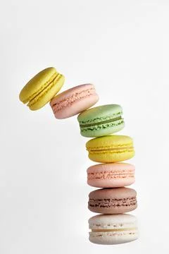 Vertical photo of macaroon. Colorful stack of cake macaron with pastel tones  Stock Photos