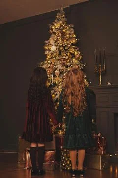 Vertical photo, retro processing, two girls in retro dresses, standing with Stock Photos