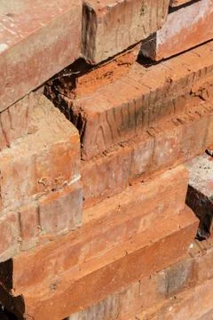 Vertical photo set of red bricks close up construction design hard foundation Stock Photos