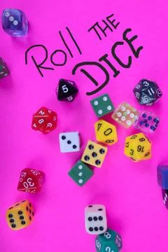 Vertical photograph of random game dice roll the dice message Stock Photos