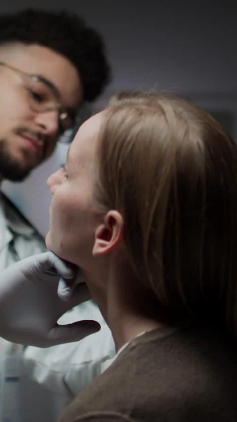 Vertical of Physician Examining Patient and Palpating Tonsils on Neck Stock Footage 280257961