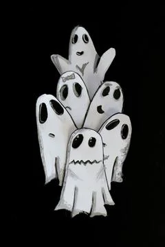 Vertical picture of a group of funny ghosts playing at scaring.Paper cut Illustrazione stock