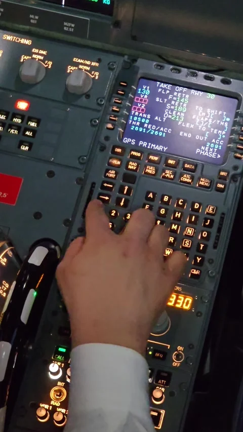 Vertical: pilot of an Airbus A320 entering flight data into FMC cockpit with Stock Footage 336392033