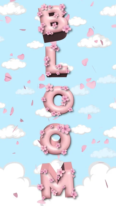 Vertical Pink Bloom Text Animation with Falling Cherry Blossom Petals Stockbeeldmateriaal 337090460