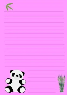 A vertical pink-colored page with lines, and adorable cartoon panda, and bamb Stock Photos