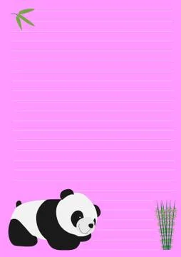 A vertical pink-colored page with lines, and adorable cartoon panda, and bamb Stock Photos