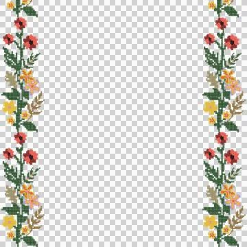 Vertical pixel-art borders are framing transparent panel with red, yellow, pink Illustration