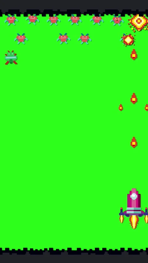 Vertical Pixel Art Space Shooter Game Animation on Green Screen 库存影片 335738180