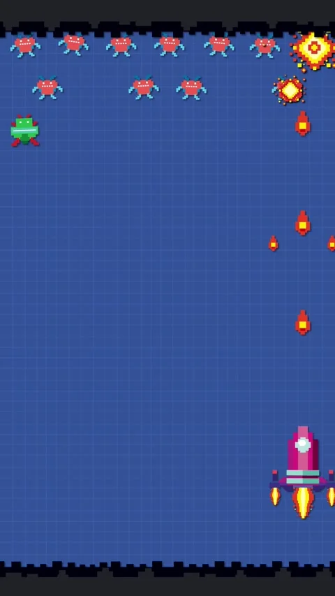 Vertical Pixel Art Space Shooter Game Animation with Rocket and Aliens Stock Footage 338150879