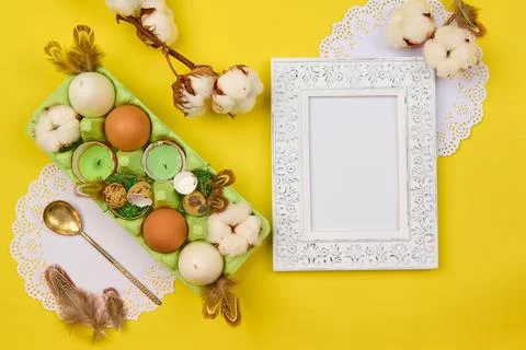 Vertical place to insert with Easter decor and cotton Stock Photos
