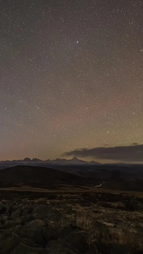 Vertical Plateau Snow Mountain Starry Night Sky Milky Way Timelapse Vista Stock Footage 327480150