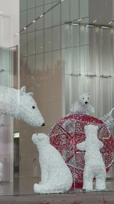 Vertical Polar Bear Holiday Light Display in Modern Lobby Stock Footage 344596544
