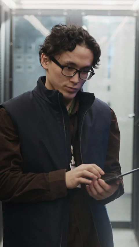 Vertical Portrait of Asian Data Center Engineer Holding Tablet in Corridor Stock Footage 330541569