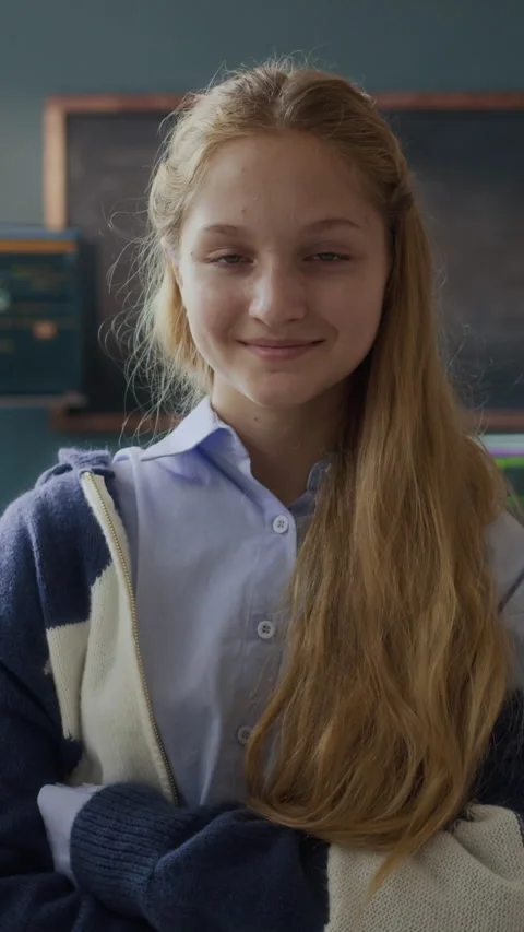 Vertical Portrait of Caucasian Schoolgirl in Programming Class Stock Footage 284921471