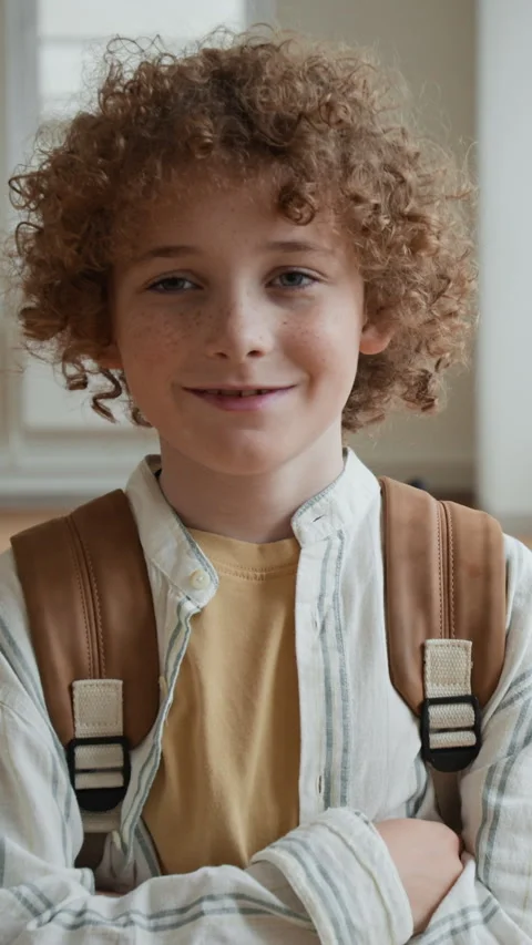 Vertical Portrait of Confident Schoolboy with Backpack Smiling at Camera Stock Footage 345221805