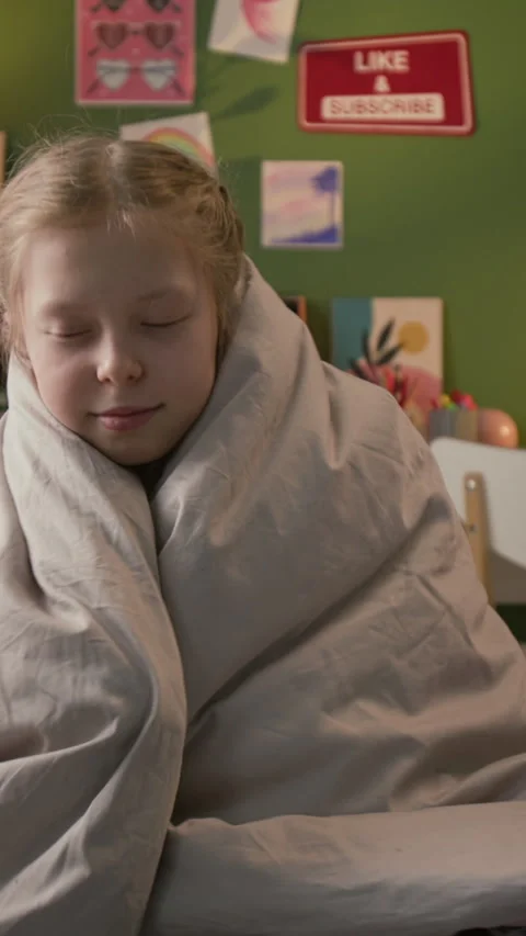Vertical Portrait of Coughing Gen Alpha Child Wrapping in Blanket with Soft Bear Stock Footage 335618954
