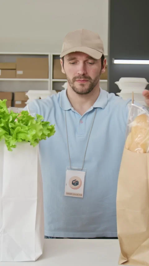 Vertical Portrait of Courier Standing with Grocery Bags in Fulfillment Center Stock Footage 346054975