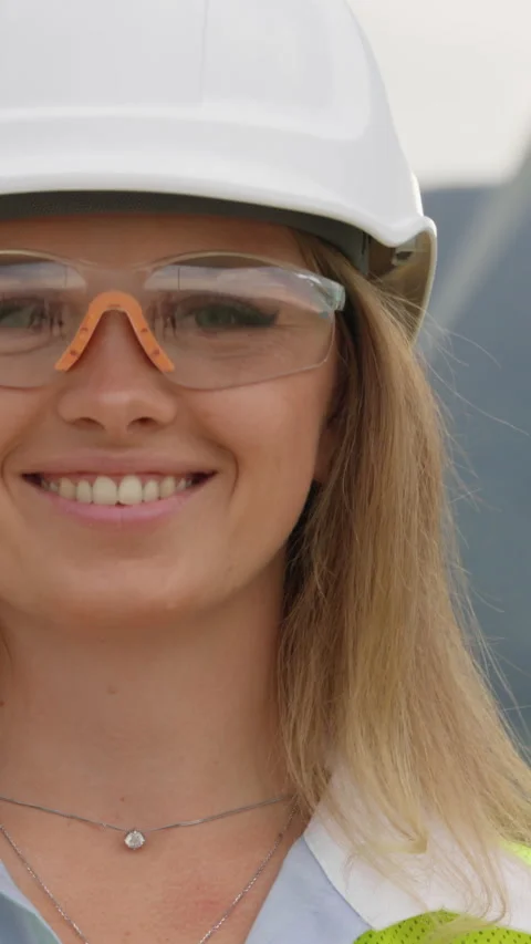 Vertical Portrait of a female engineer, looking at the camera smiling Stock-Footage 251338380
