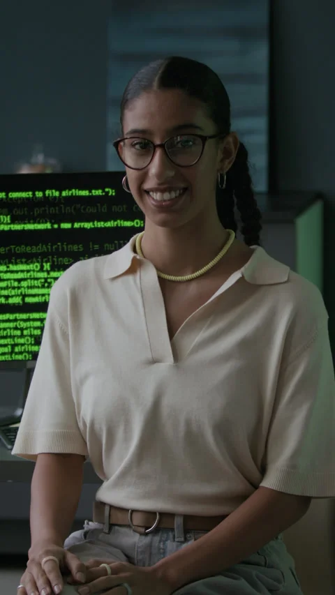 Vertical Portrait of Female Programmer in Office with Program Codes on Screen Video stock 292900671