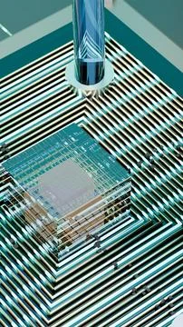 Vertical Portrait of Gold Plated Quantum Processor, Vertical Photo Stock Photos