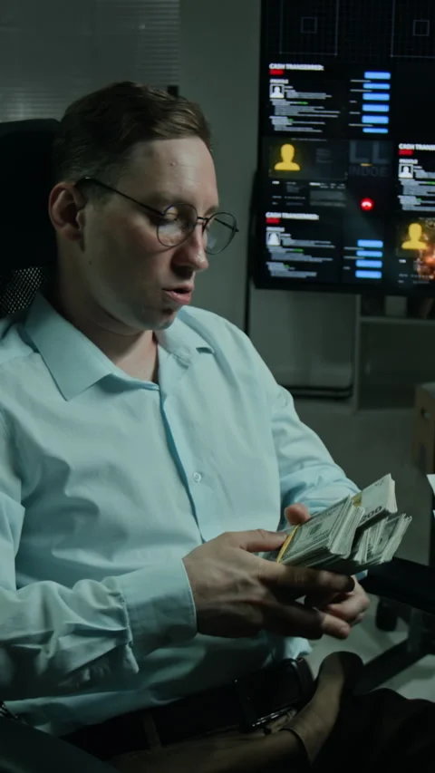 Vertical Portrait of Hacker Holding Stacks of Cash in Cyber Security Office Stock Footage 346714796